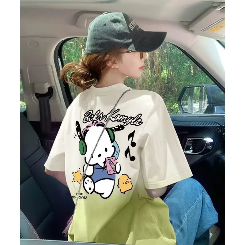 Summer New Cartoon Pochacco Print Loose Pure Cotton Short Sleeved Tops Korean Version Gradient Color O-Neck Oversized T Shirt