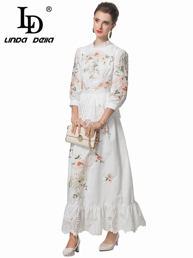 LD LINDA DELLA Women\'s Vintage Elegant Dress Flounced Edge Splicing Hollow Out Stand Collar Autumn and Winte Dresses