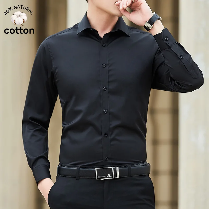 Brand Clothes Plus Size M-8XL Men's Shirt Solid Color Business Cotton Classic Basic Casual Slim Black Lapel Long Sleeve Shirts
