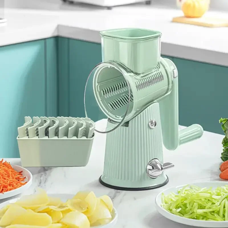 

Multifunctional Rotary Cheese Grater with 3 Stainless Steel Drum Blades - Manual Handheld Vegetable Slicer and Shredder