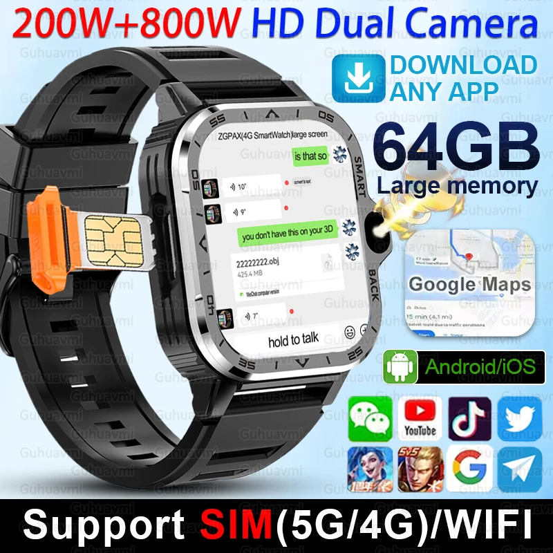 

4G/5G SIM Card Wifi Smart Watch 64GB Large Memory APP Download 200W+800W HD Dual Camera Video Call Global Version Smartwatch Men