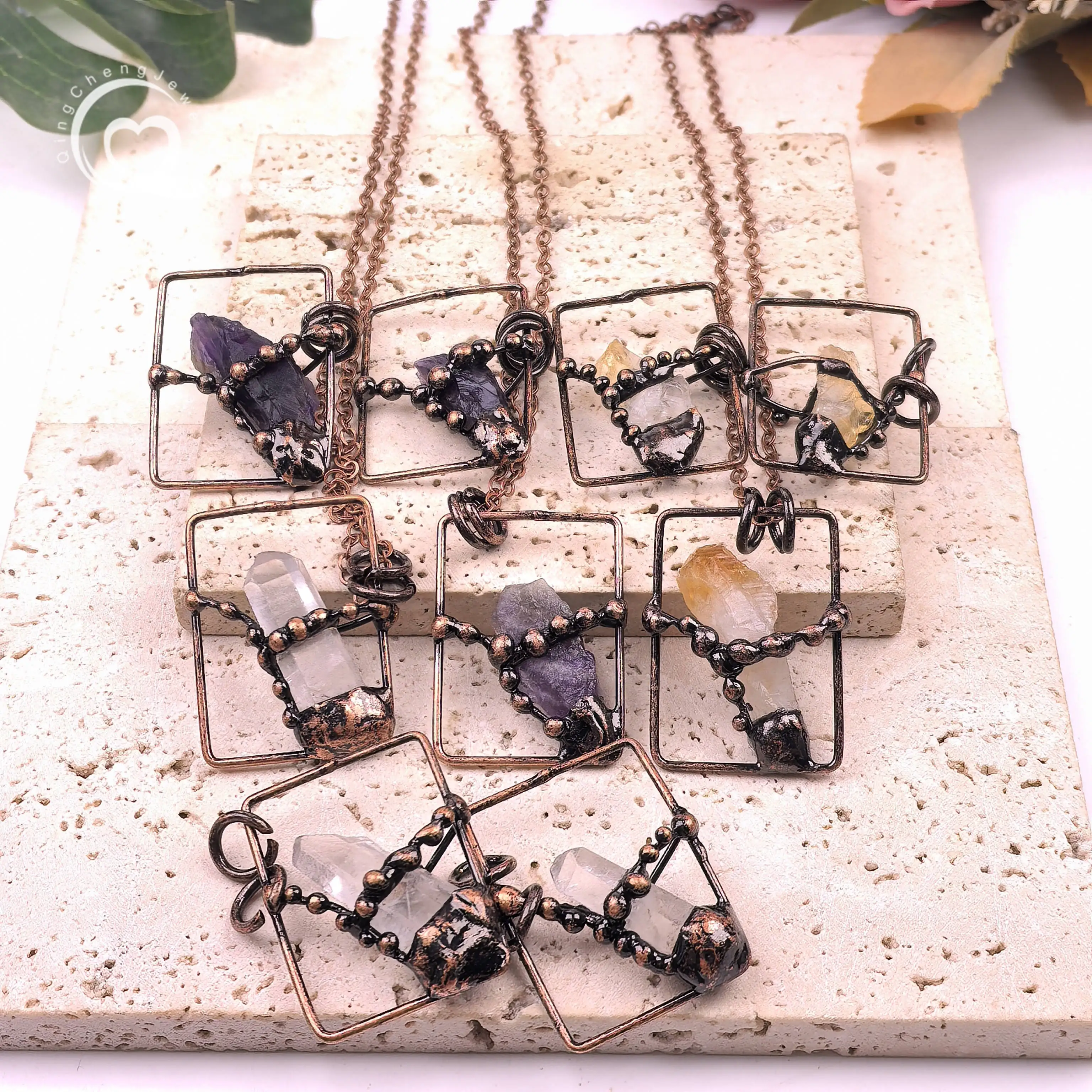 ملحوم البرونزية الخام كريستال نقطة قلادة العتيقة النحاس الخام سيترين جمشت الكتلة قلادة جالبة للحظ خمر مجوهرات QC3443 #3