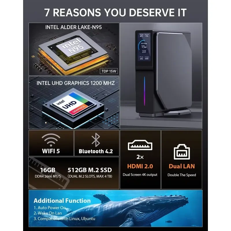 2026 Latest Mini PC RGB Vertical Tower Computer with Alder Lake N95 CPU M.2 NVMe SSD Support Windows 11 Mini Desktop PC