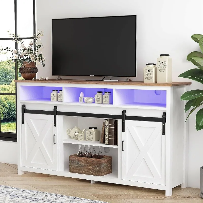 LED Farmhouse TV Stand for 65 inch TVs, Rustic Entertainment Center TV Cabinet Stands with Power