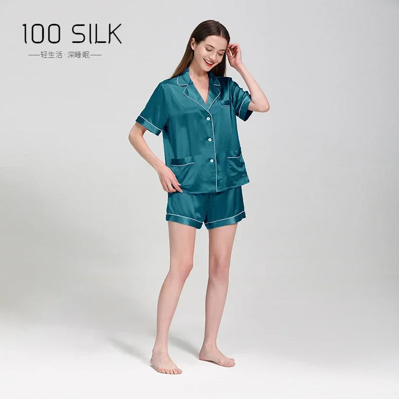 25 Momme Silk Short Sleeve Shirt & Shorts Sleepwear 100% Mulberry Silk Casual Pajama Comfortable Home Loungewear Two Piece Set
