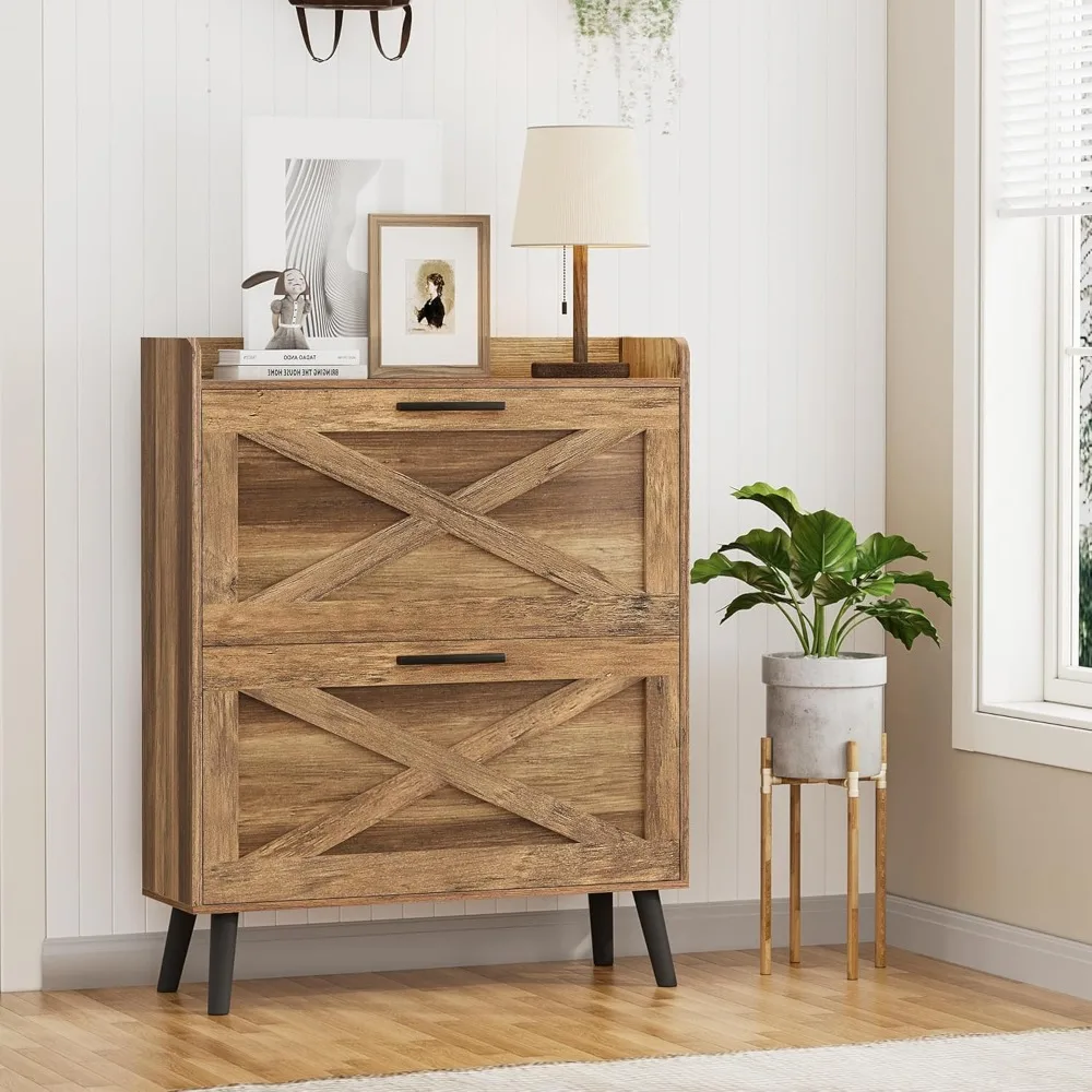 

32 W Farmhouse Shoe Storage Cabinet with 2 Flip Drawers and Barn Door Design, Adjustable Shelves, Hidden Slim Narrow Shoe Rack C