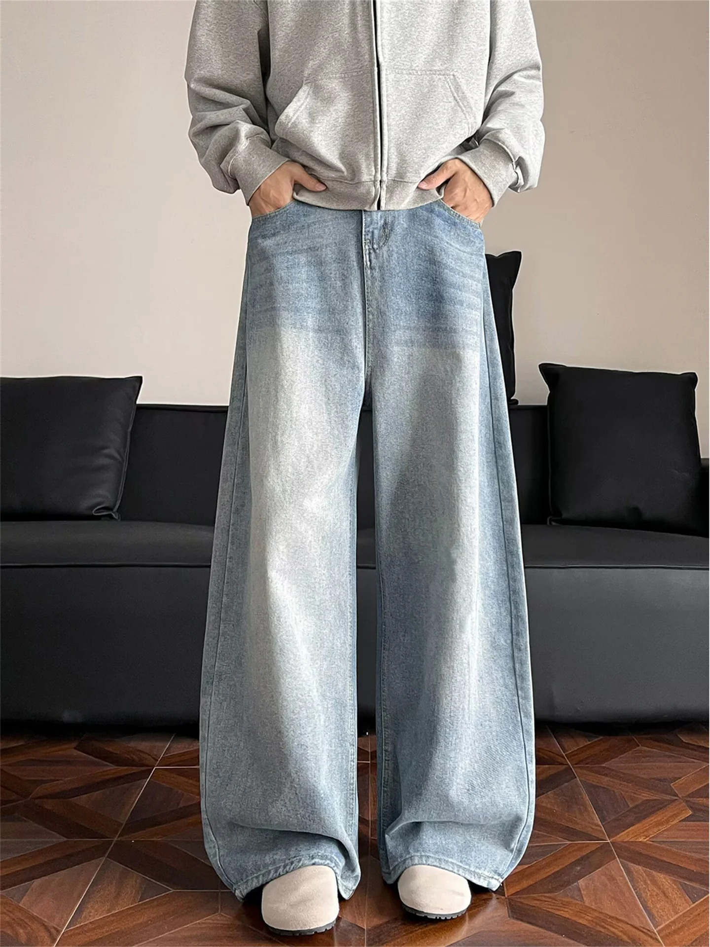 

Retro American Waed Wide Leg Men's Jeans High Street Casual Loose Drapey Floor-Length Pants Spring Autumn Youth Trend