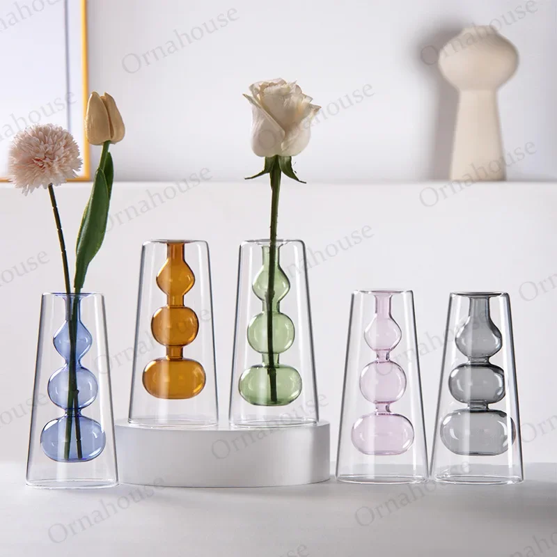 Nordic Transparent Glass Double-layer Colored Glass Vase Creative Hydroponic Planter Living Room Home Decoration and Ornaments