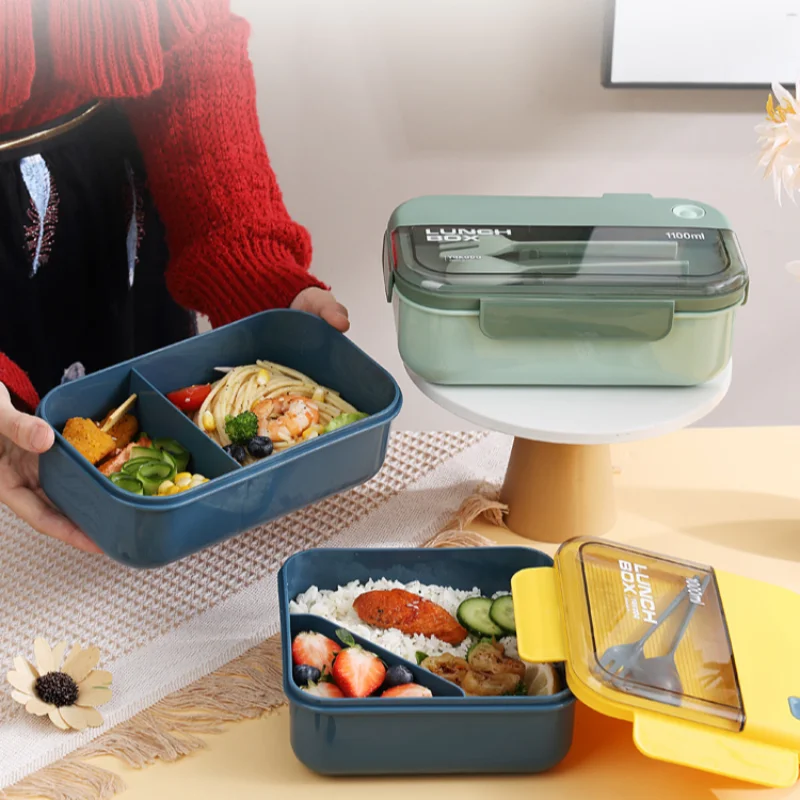 

Portable Lunch Box Grid Children Student Office Bento Box with Fork Spoon Leakproof Microwavable Prevent School Food Storage Box