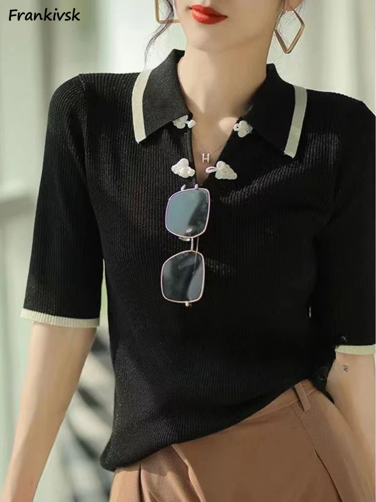 

Sweaters Women Turn-down Collar Slim Elegant Summer Trendy Half Sleeve Knitwear Simple All-match Streetwear Office Lady Basics