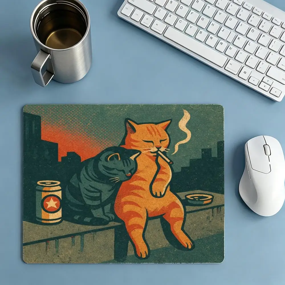 Retro Illustration Of Chubby Orange Cat Relaxing On City Rooftop For Student Laptop Bedroom Playmat