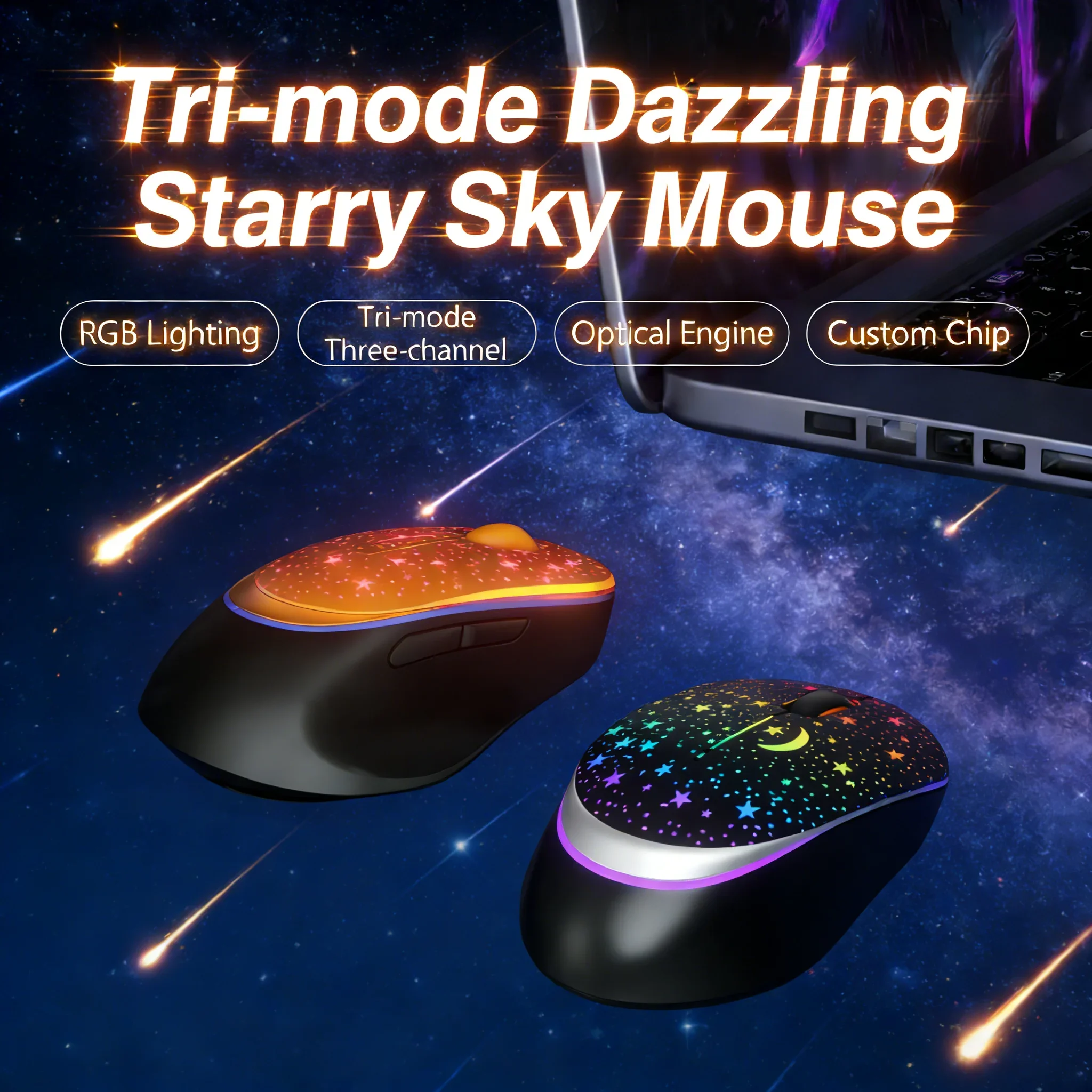 

Starry Sky Ergonomic Wireless Mouse Dual Mode 2.4G+Bluetooth Rechargeable Dynamic Lighting Plug&Play Portable Mice For PC Laptop
