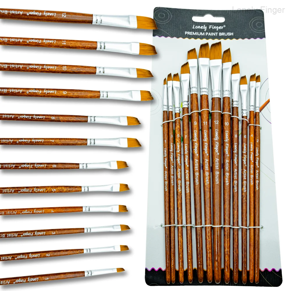 12 Pcs Angular Artist Paint Brush Set, Quality Synthetic Hair and Wooden Handle for Acrylic Watercolor Oil Painting, Great for B