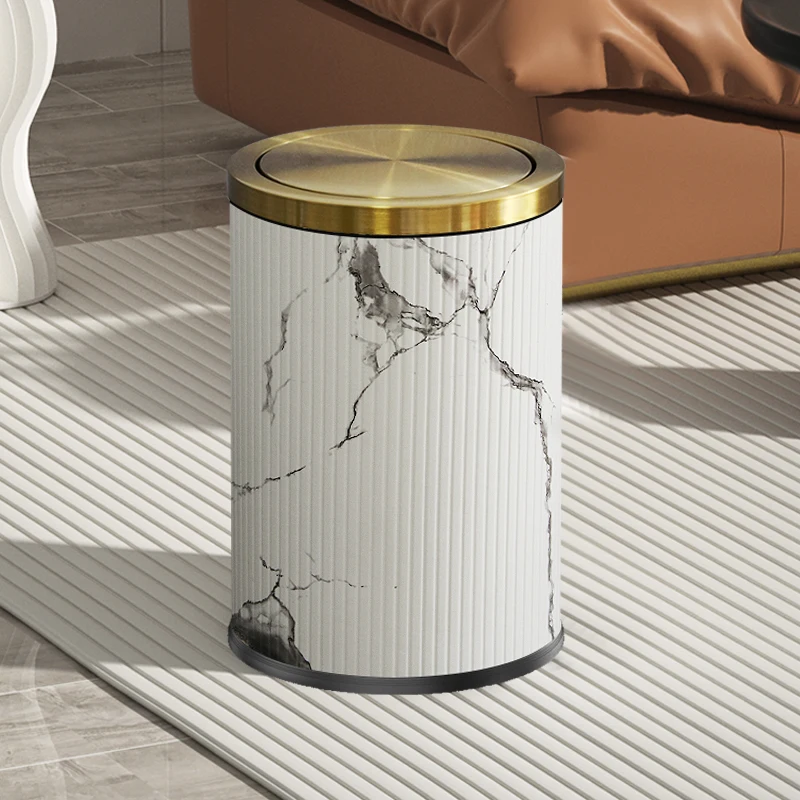 

light luxury marble trash can with gold swing lid，leather garbage bin for bathroom ，living room, office, bedroom, hotel