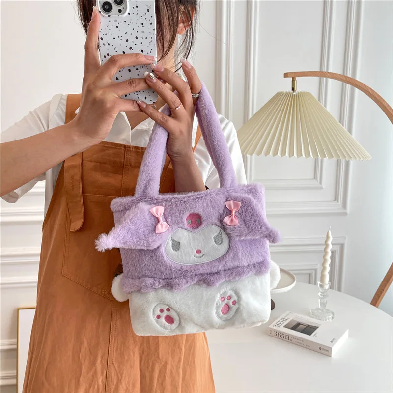 Sanrio Cartoon Plush Handbag For Women Kawaii Kuromi Cinnamoroll Hello Kitty Melody Shoulder Bags Fluffy Tote Bags Purses Gifts