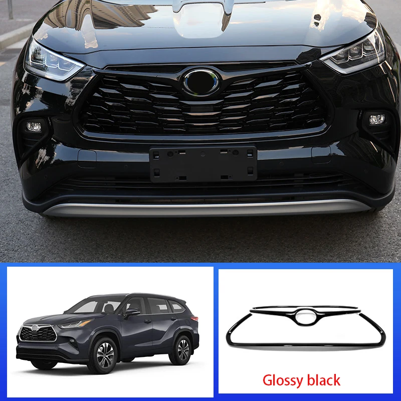 

For Toyota Highlander 2020 2021 2022 2023 ABS Gloss Black Carbon Front Bumper Center Grille Hood Grill Mesh Cover Trim