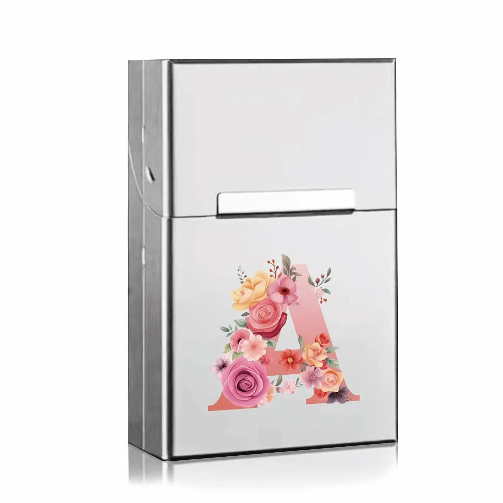 Large Capacity Cigarette Box Durable Wear Resistant Metal Cigarette Case Pink Rose Initial Name 26 Letters Pattern