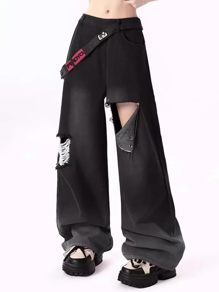 

Chic Design Hole Baggy Straight Jeans Korean Casual Streetwear Y2k Loose Vaqueros Women Vintage High Waist Wide Leg Denim Pants