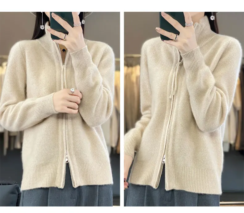 Autumn And Winter New Thick Two-Way Zipper Wool Cardigan Women's Loose Casual Sweater Solid Color Knitted Cashmere Coat