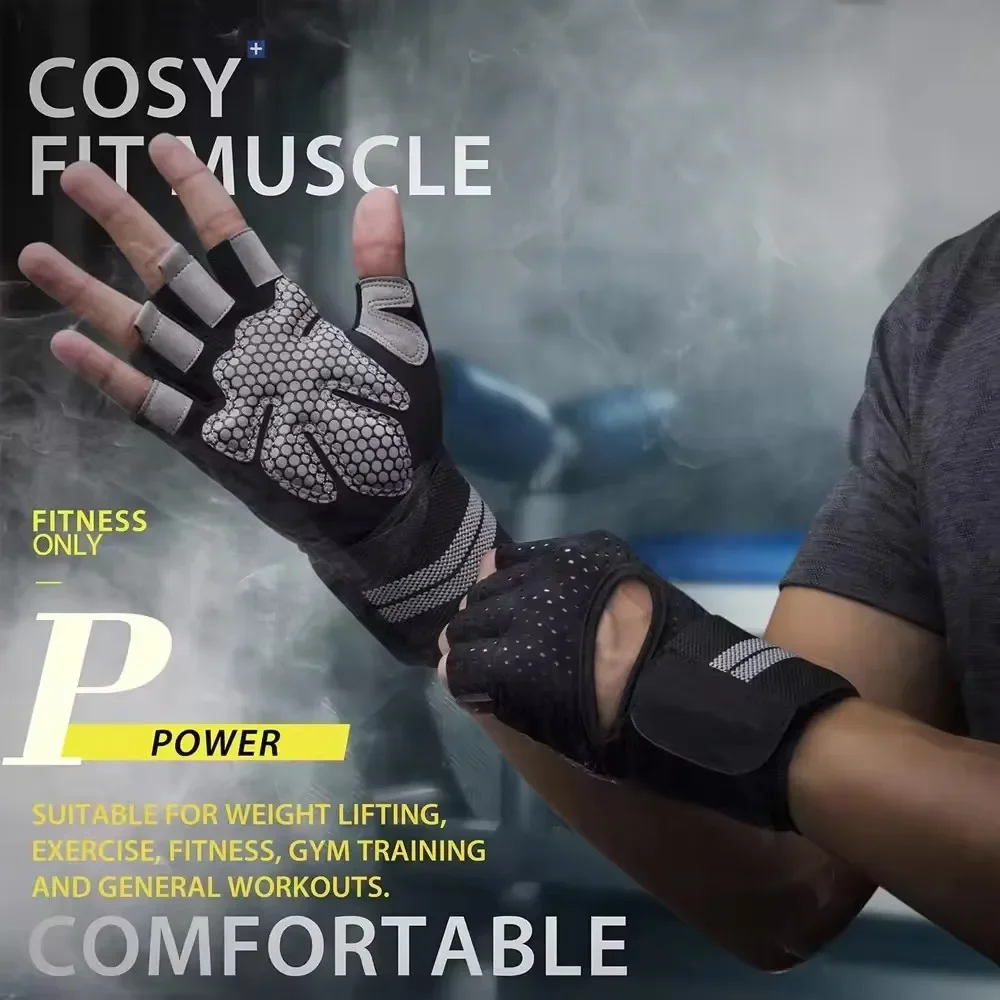 1Pair Half Finger Gym Fitness Gloves for Men & Women with Wrist Wrap Support Crossfit Workout Power Weight Lifting Equipment