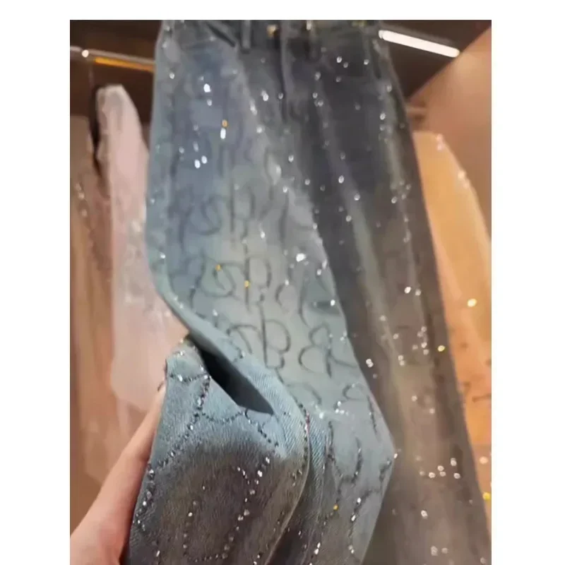 Jeans Frauen Denim Breite Bein Hosen Diamanten Hohe Taille Taschen Bodenlangen Distressed Gewaschen Gerade Hosen Streetwear
