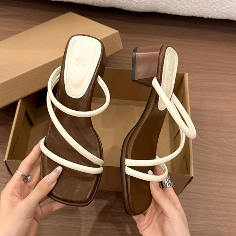 

2026 Summer Women Narrow Band Open Toe Slippers Elegant Thick Heel Slip On Ladies Daily Outdoor Vacation Party Dress Slide Shoes
