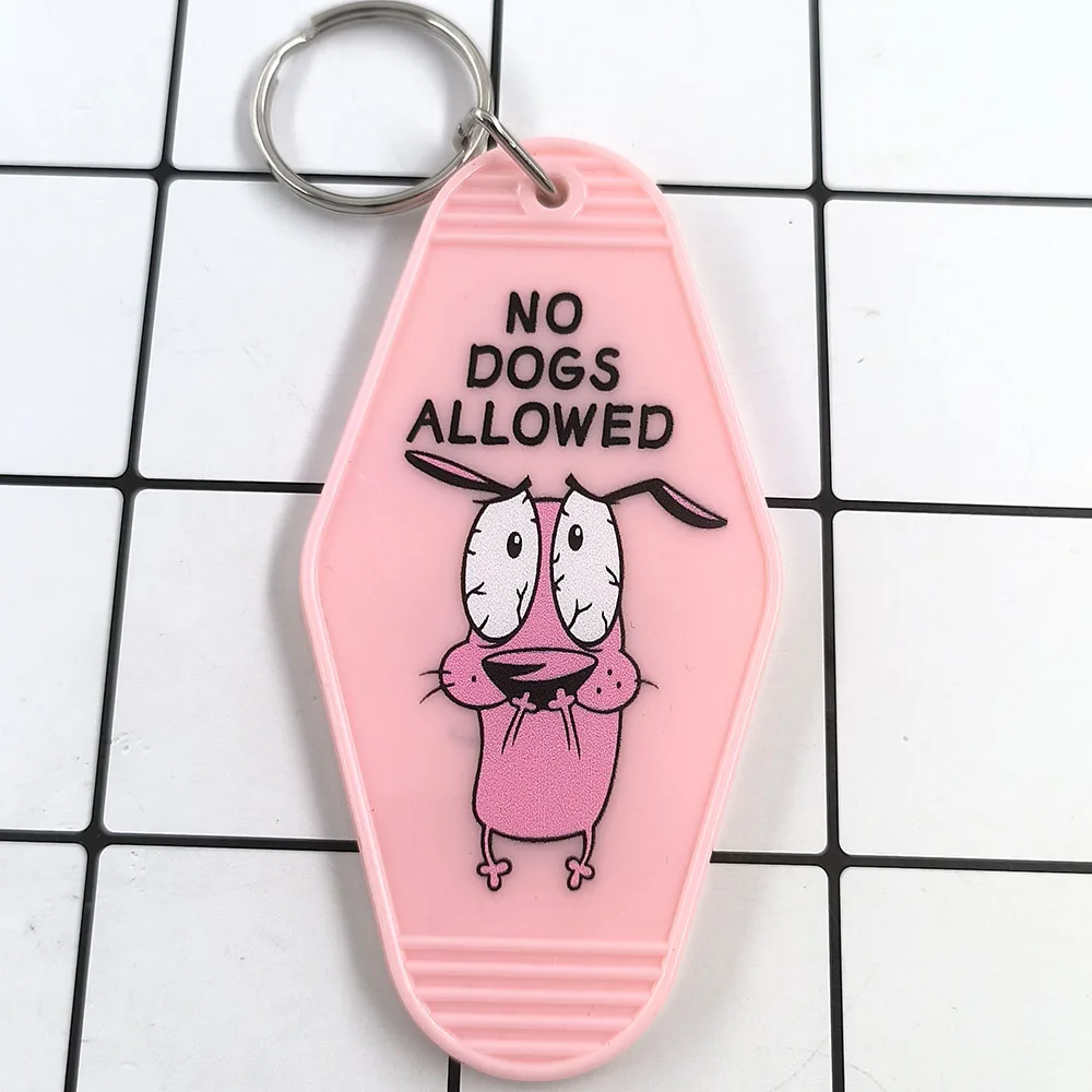 Coraje el perro cobarde Katz Motel etiqueta para llave dibujos animados sin perros permitido llavero periférico de animé colgante mochila decoración regalo