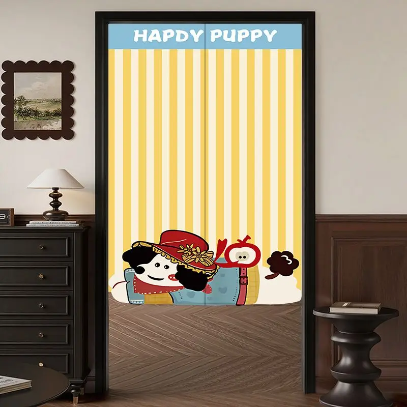 VIKAMA American Style Cartoon Puppy Half Door Curtain, Cute Striped Dog Fabric Room Divider, Entryway Privacy Screen