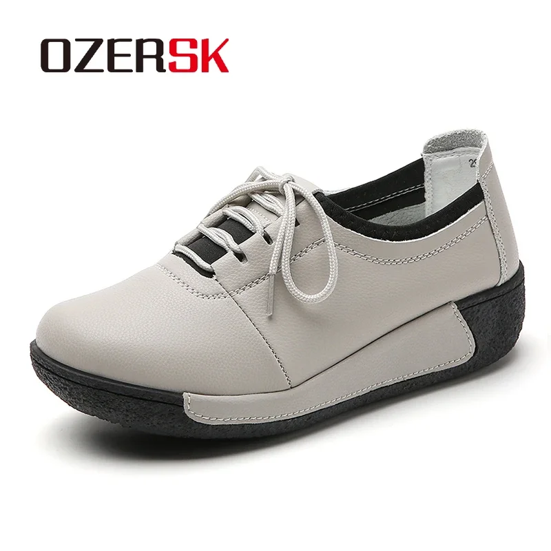 OZERSK Women's Casual Shoes Quality Cow Leather Lace Up Fashion Breathable Ladies Soft Wear-Resistant Platform Shoes Size 35-41