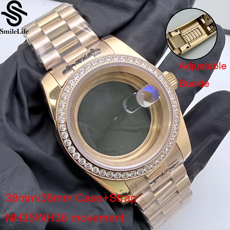

Часы SmileLife 36 мм/39 мм, корпус из розового золота, сапфировое стекло, бриллиантовый безель, подходят для NH35/NH36, автоматический механизм, аксессуары для часов
