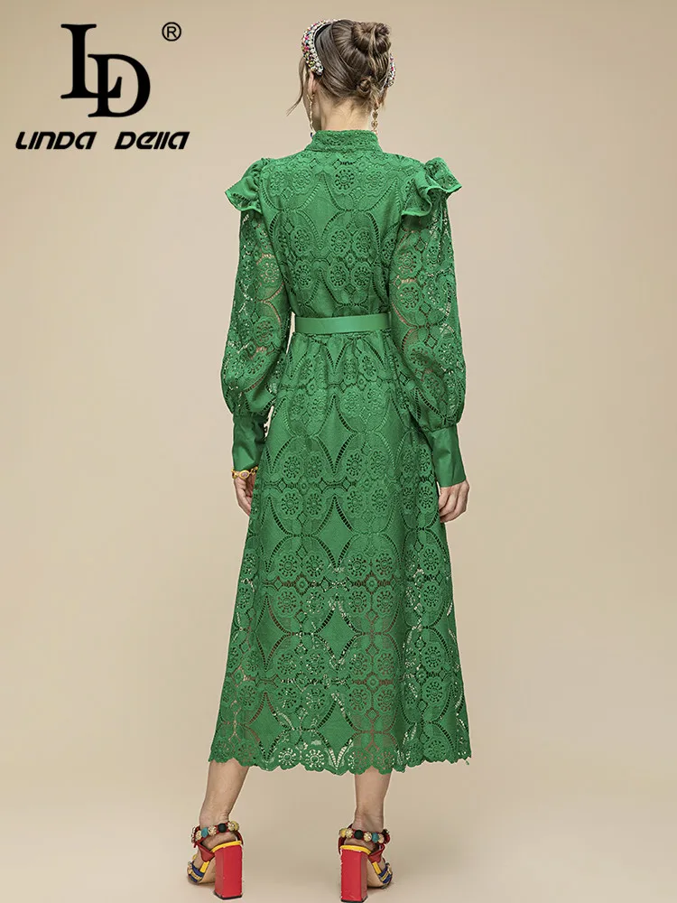 LD LINDA DELLA 2023 New Designer Summer Green Long Dress Women Lantern sleeve Belted hollow out Embroidery Vintage Party Dress