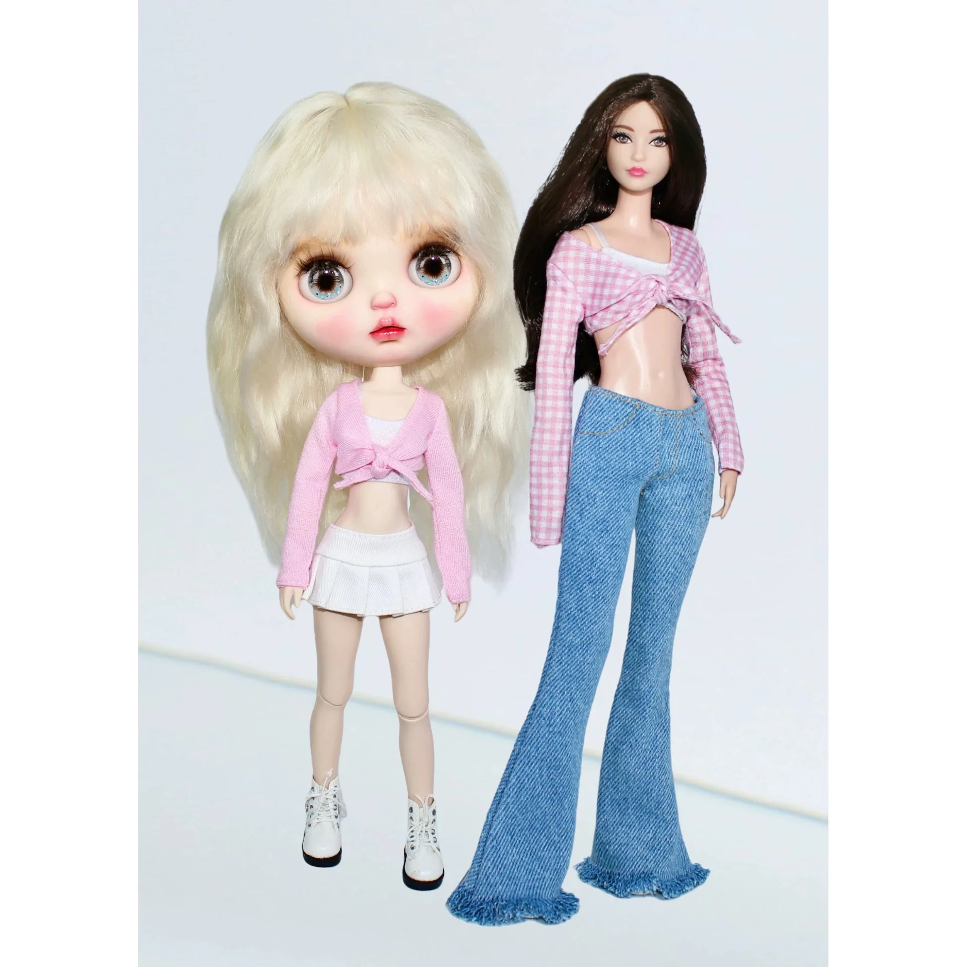 

30cm BJD FR Supermodel Doll Clothes Fashion Pink Plaid Long Sleeve Top+Denim Long Pants For 1/6 Doll Xinyi Daily Wear Dress Up