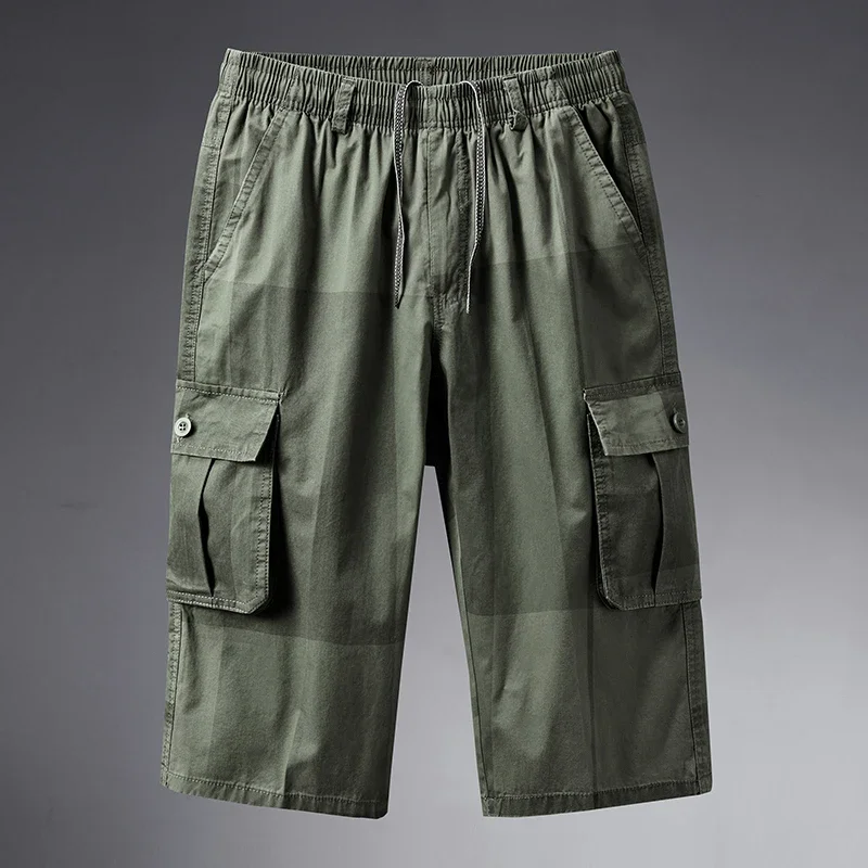 

Мужские хлопковые шорты-карго больших размеров с эластичным поясом и шнурком, длиной до колена, с множеством карманов, повседневные, оливкового цвета
