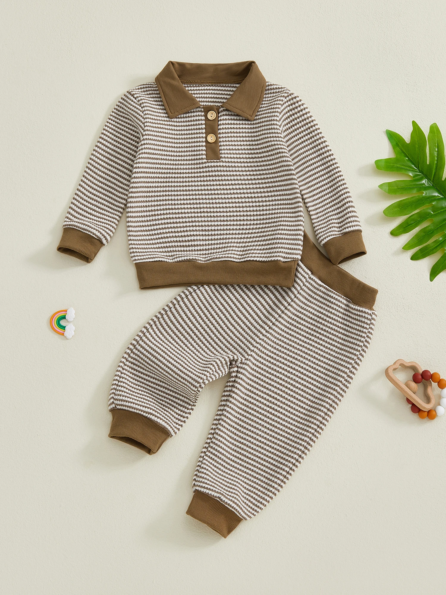 

Adorable Toddler Boys 2-Piece Set with Stylish Lapel Collar Striped Shirt and Comfy Elastic Waist Pants Perfect for Playtime