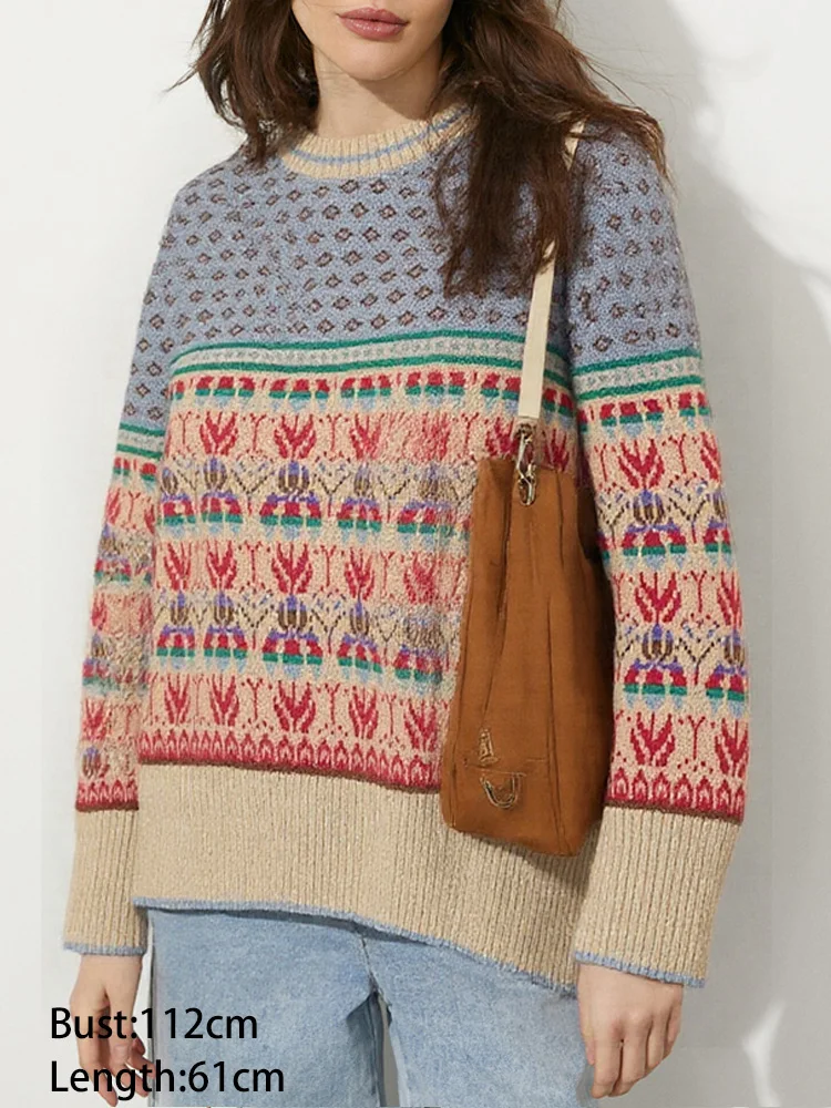 New Fashion O Neck Printing Pullovers Knitted Sweaters Women Casual Loose Long Sleeve Women's Sweater Autumn Winter Knitwear