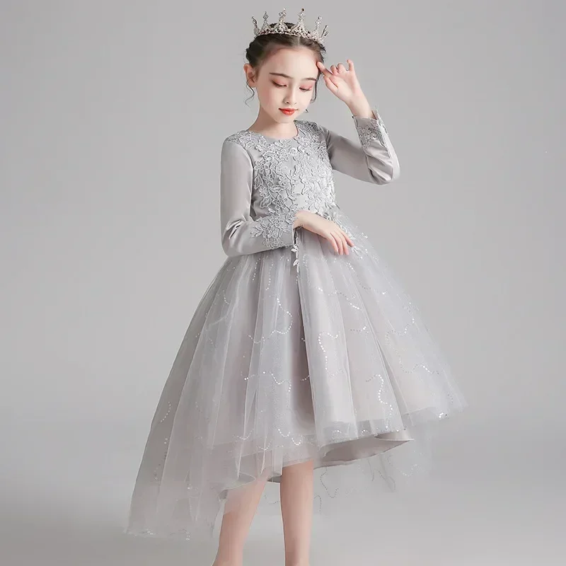 2023 Spring New Dress for Children's Trailing Piano Performance Evening Dress for Girls Elegant Long sleeved Princess Dress Summ