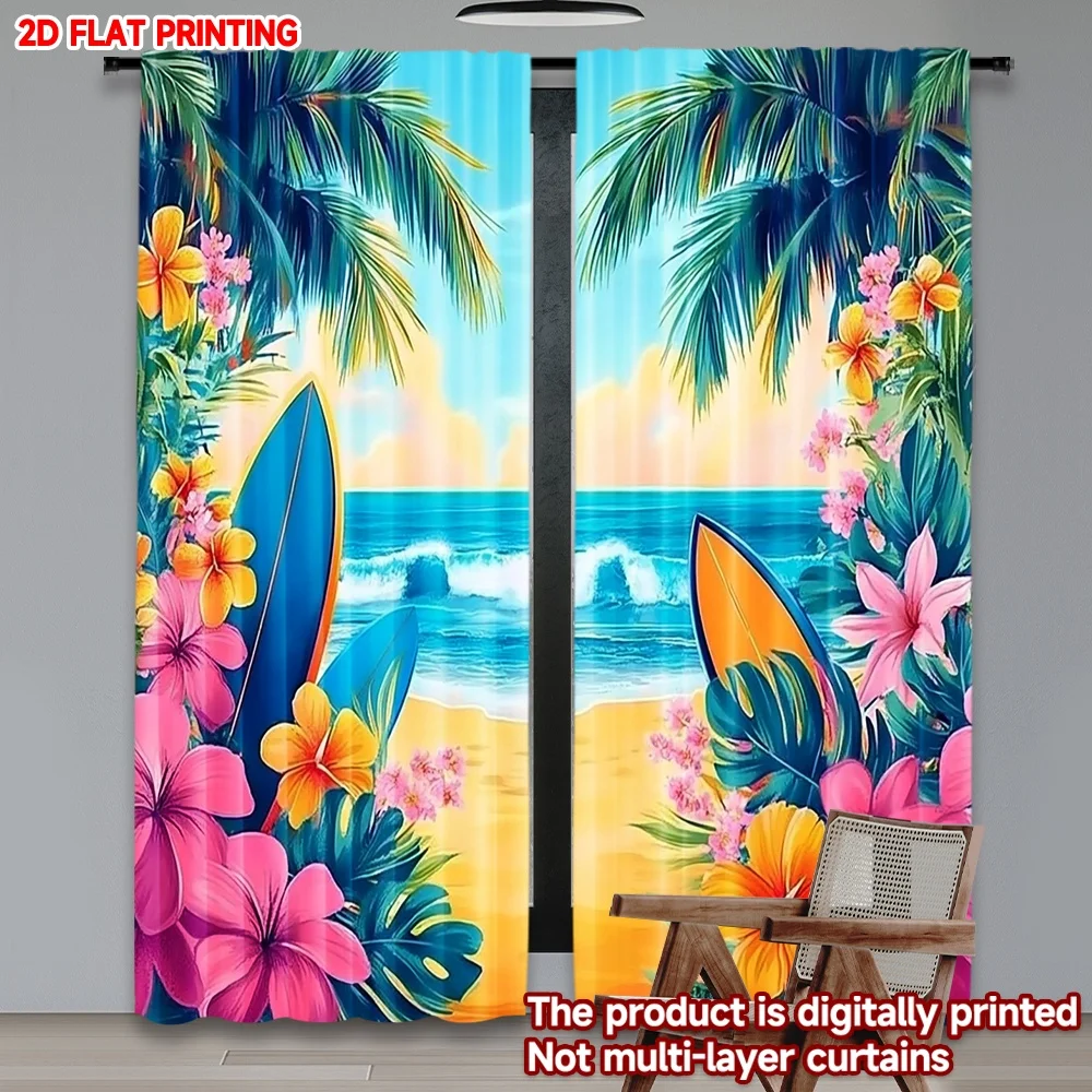 2D flat printing 2pcs Curtain Tropical Beach Paradise Digital Printed Polyester Drapes Birthday Party Perfect for Door Wall Yard