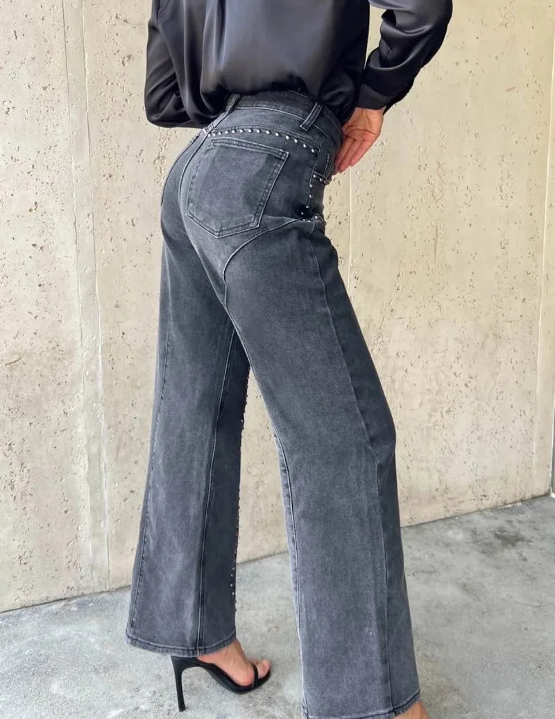 Damen-Jeans mit Nieten und geradem Bein, gebogene Nähte, Metallperlen, lockere, weite Denim-Hose, amerikanischer Street-Casual-Stil, Alltagshose – Detail 10