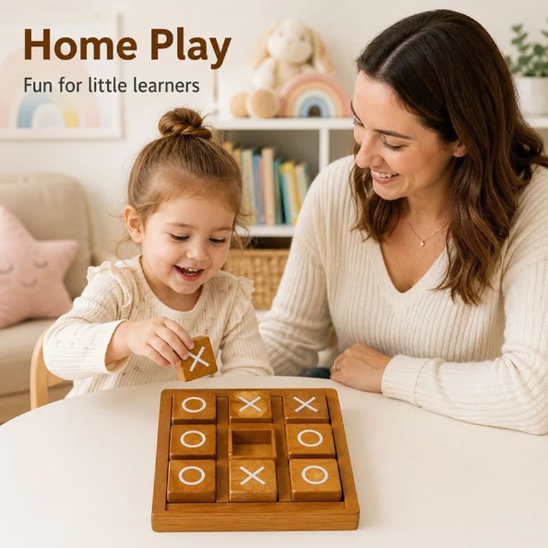 Classic Wooden Tic Tac Toe Game Set, Embedded XO Game Set, 9 Wooden Cubes, 1 Base, Ideal for Family Games, Suitable for Coffee T