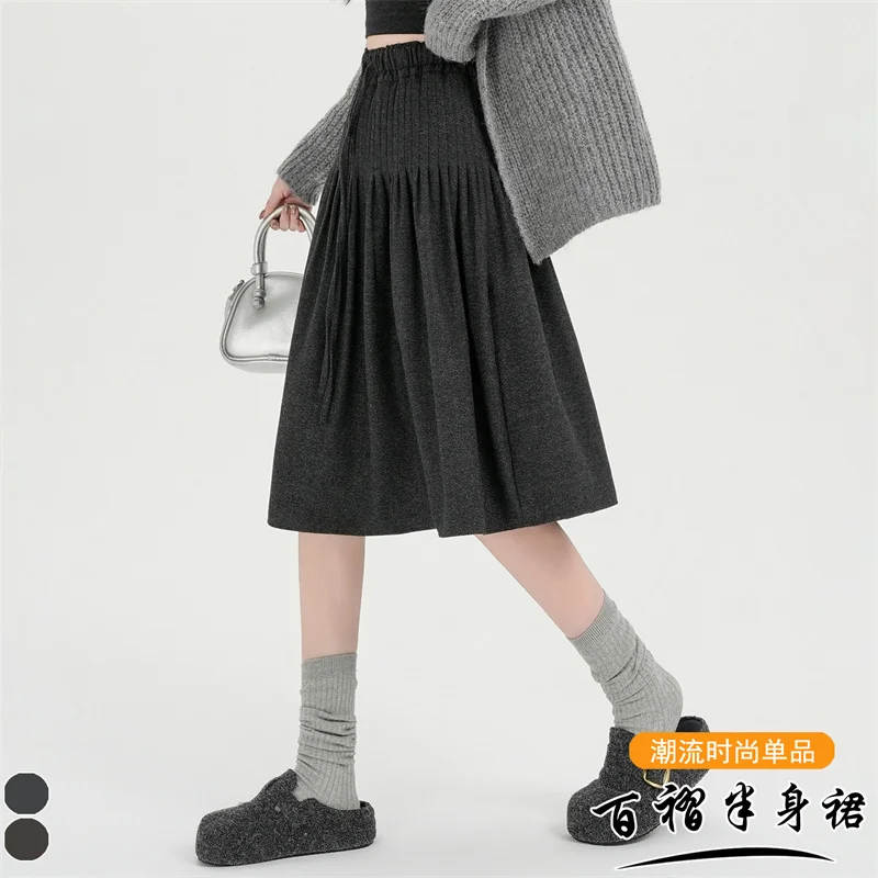 Women Woolen Midi Skirt Autumn Winter New Drawstring High Waist A-line Bubble Pleated Skirt Elegant Flared Mid Length Skirts