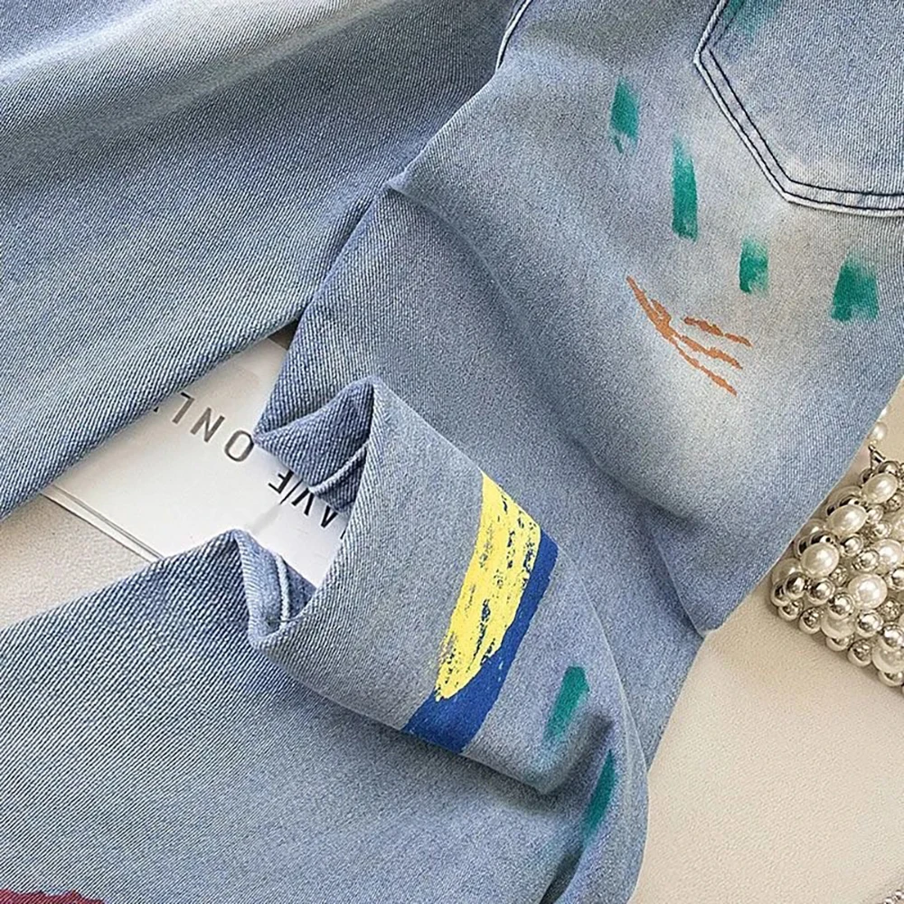 Fashion Color Painted Denim Pants for Women Spring Summer High Waist Straight Leg Ripped Holes Jeans Casual Loose Slim Trousers