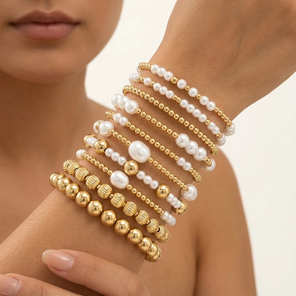 

Набор из 10 медных браслетов в богемном стиле с бусинами, золотистого цвета, круглые, эластичные, многослойные, для женщин