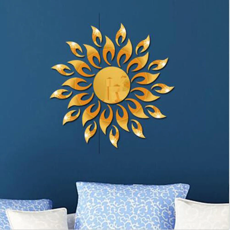 Pegatina de pared plateada para habitación, decoración artística de techo, extraíble, forma de espejo, Sol moderno