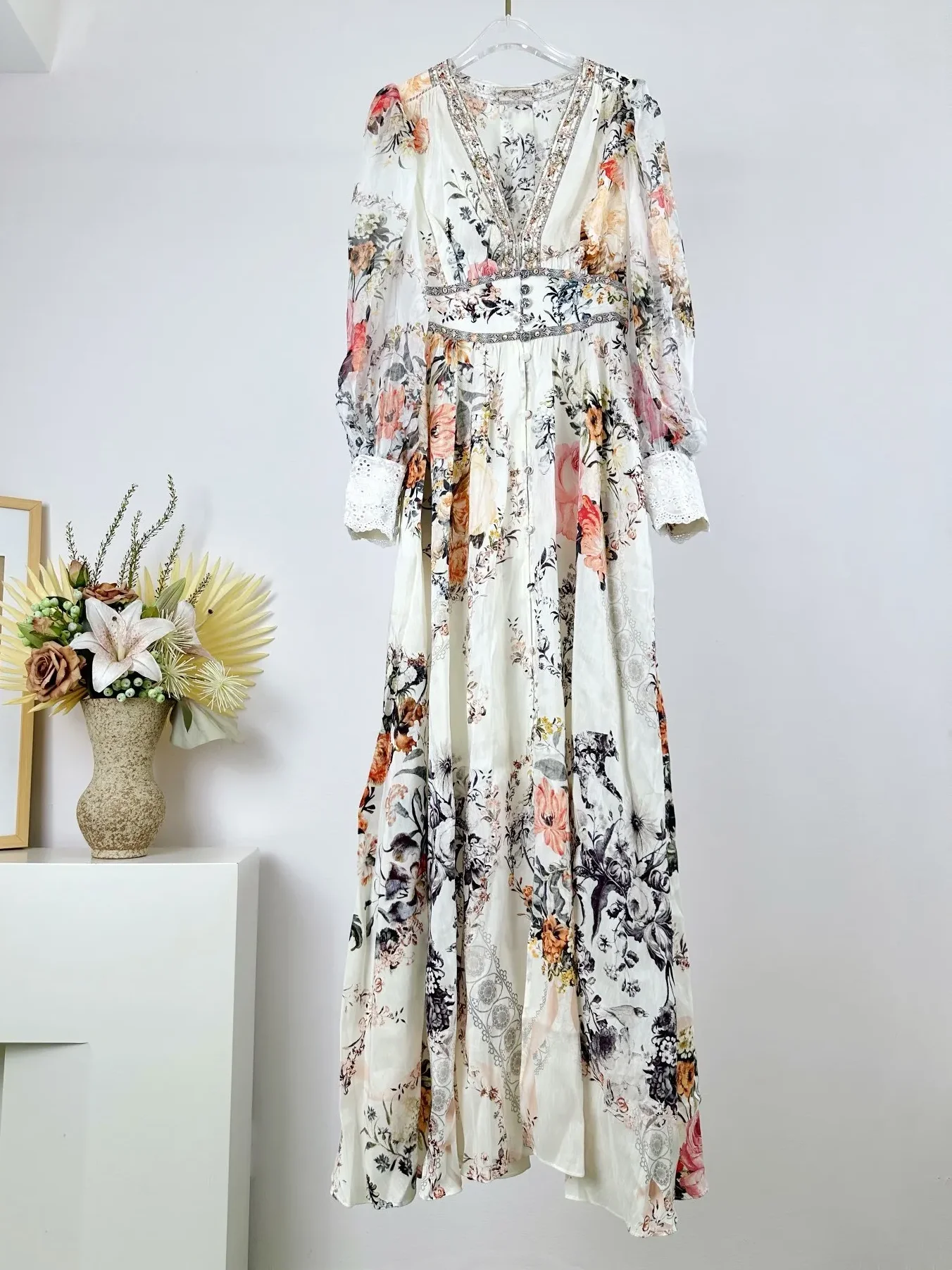 Flower Print Women's Silk Linen Long Dress Heavy Beaded V-Neck Elastic Waist Long Sleeve Single Breasted Elegant Ladies Robe