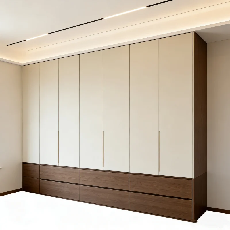 &Professional Custom White Swing Door Wardrobe With Large Drawers in Jumping Wood Color and Exposed Decoration