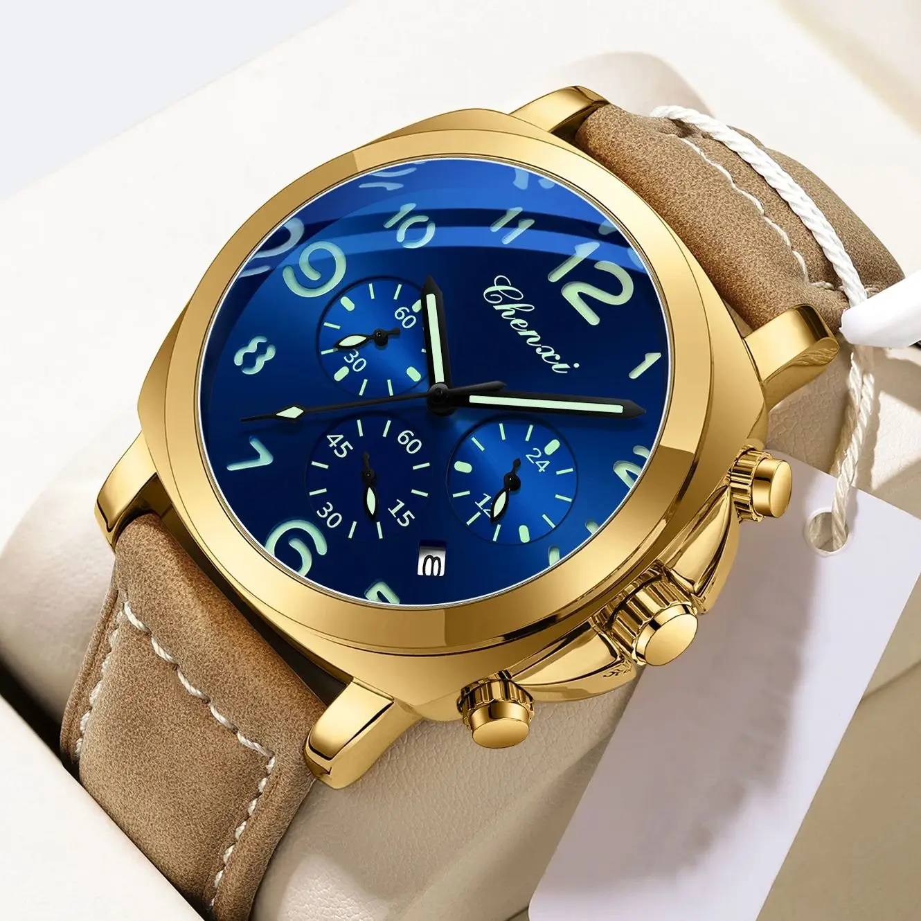 CHENXI ساعة رجالية متعددة الوظائف فاخرة ليلة ضوء الموقت ساعة اليد رجل حزام من الجلد 3Bar مقاوم للماء ساعات حركة الكوارتز #1