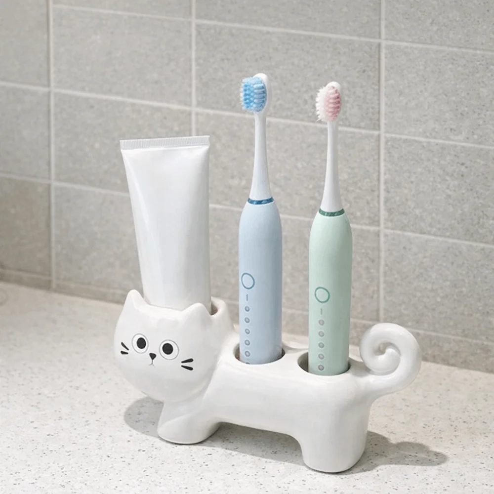 Ceramic Cartoon Cat Toothbrush Base Waterproof Cute Electric Toothbrush Holder Decorative 3 Holes Electric Toothbrush Stand