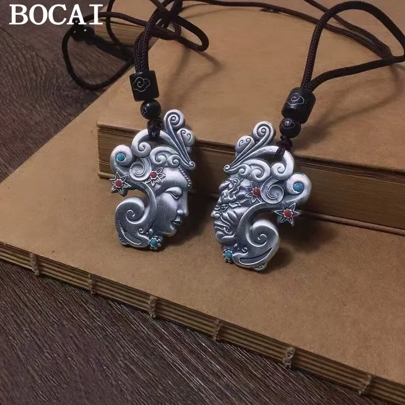 

BOCAI NEW S999 Pure Silver Retro Minimalist Double-sided Dramatic Face Pendant