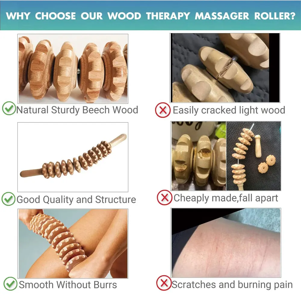 Natural Curved Wooden Massage Roller for Waist and Thigh, Multi-Functional Body Roller for Cellulite Reduction & Muscle Tension