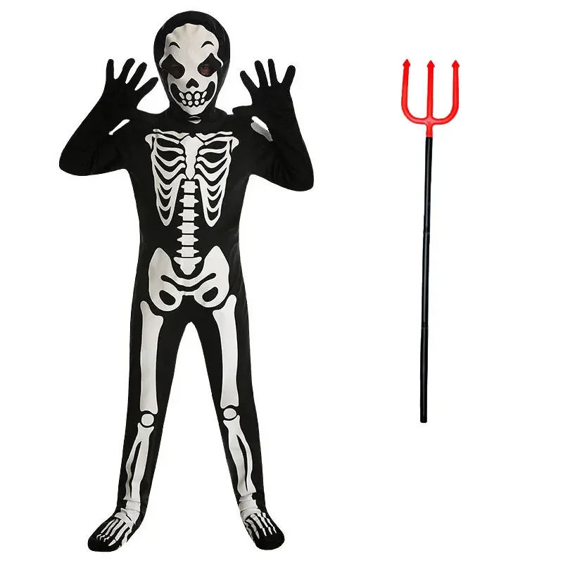 Kids Skeleton Costume Boys Girls Glow In The Dark Reflective Scary Bones Bodysuit Halloween Costumes